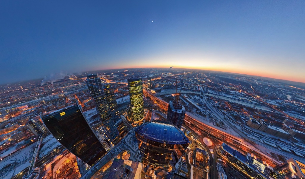 Moscow City The Evening Lights Moon Horizon