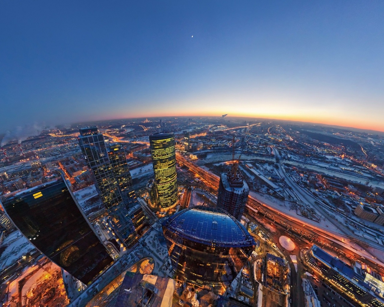 Moscow City The Evening Lights Moon Horizon