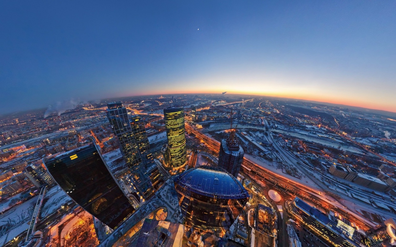 Moscow City The Evening Lights Moon Horizon