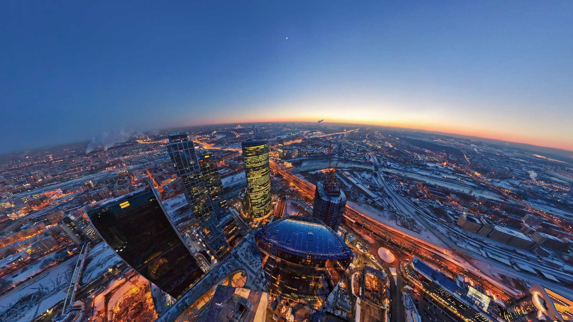 Moscow City The Evening Lights Moon Horizon