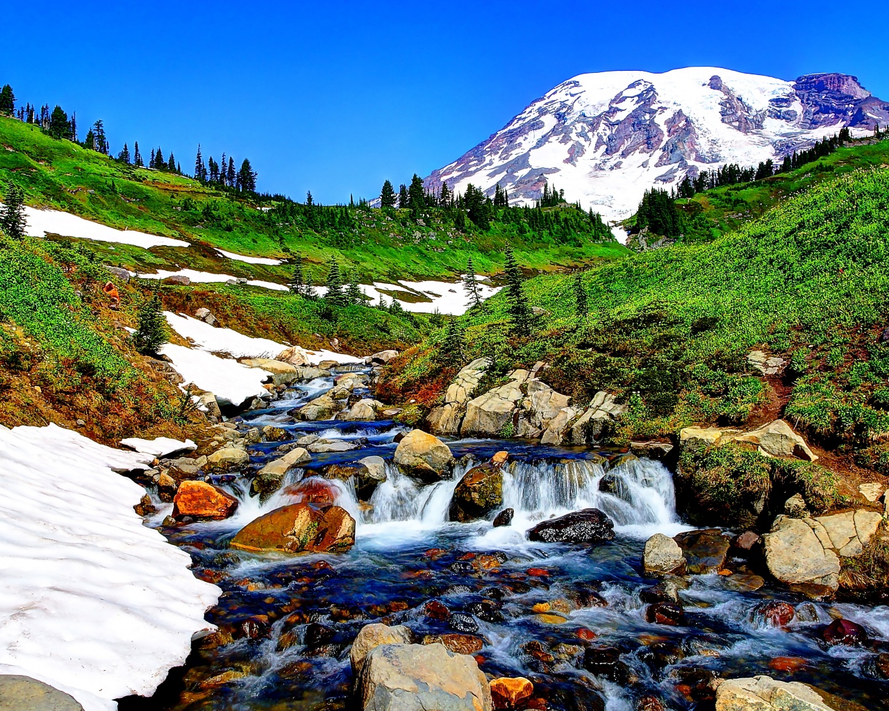 Mountain Stream And Melted Snow