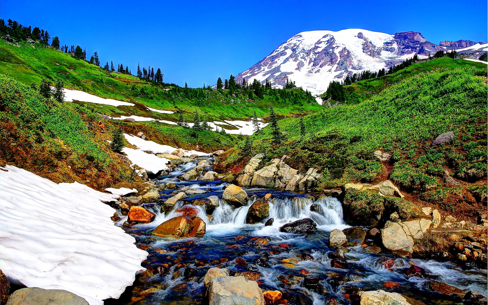 Mountain Stream And Melted Snow