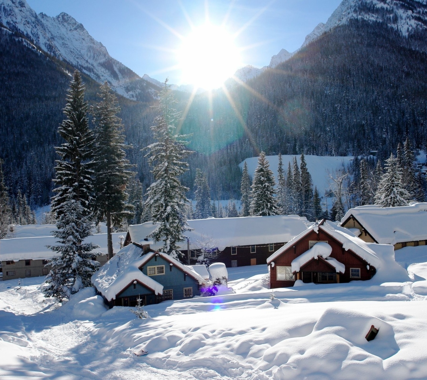 Mountains Houses Snow Winter