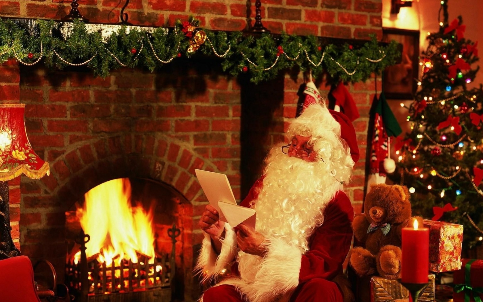 New Year Christmas Santa Claus Letter Gifts Fireplace Christmas Tree Teddy Bear Candle