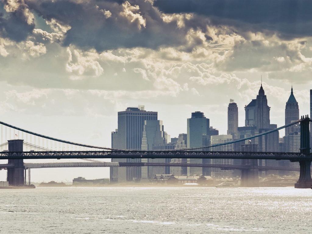 New York Nyc Manhattan Bridge Skyscrapers City Clouds Bridge