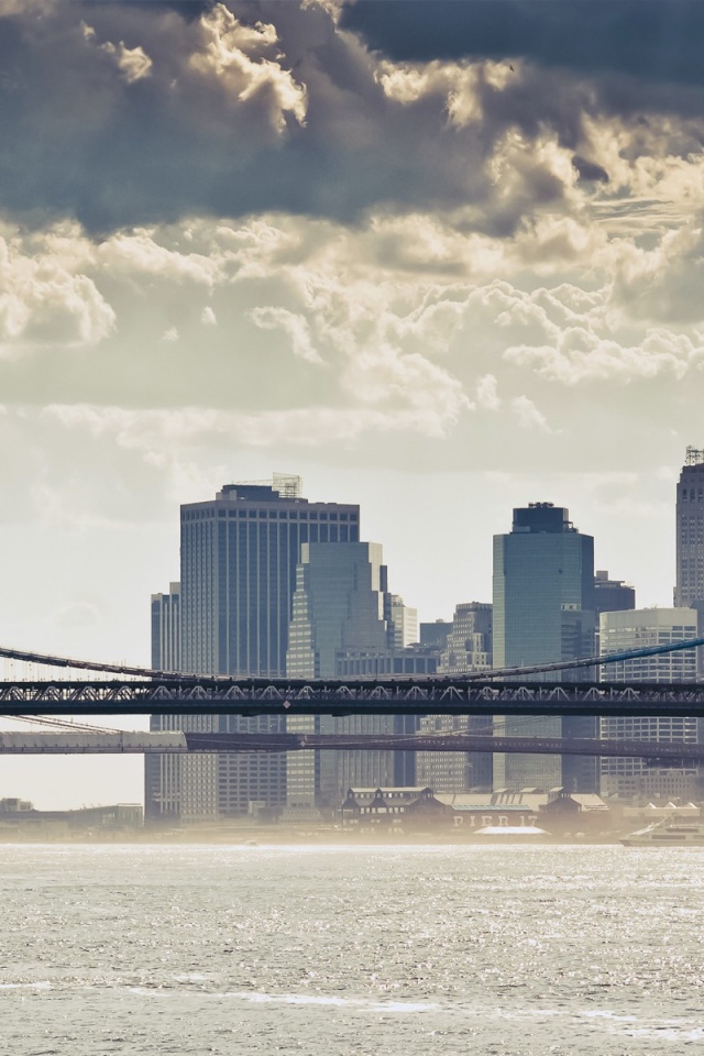 New York Nyc Manhattan Bridge Skyscrapers City Clouds Bridge