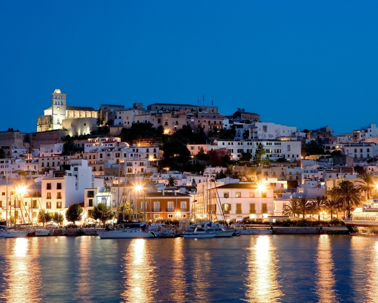 Night Houses Lights Sea Yacht Ibiza Spain
