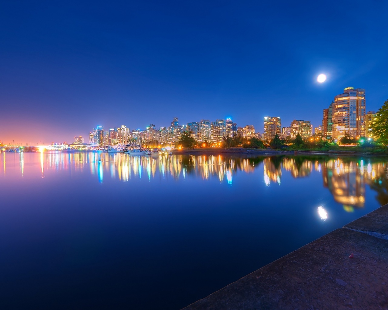 Night Light River Trees City Landscape