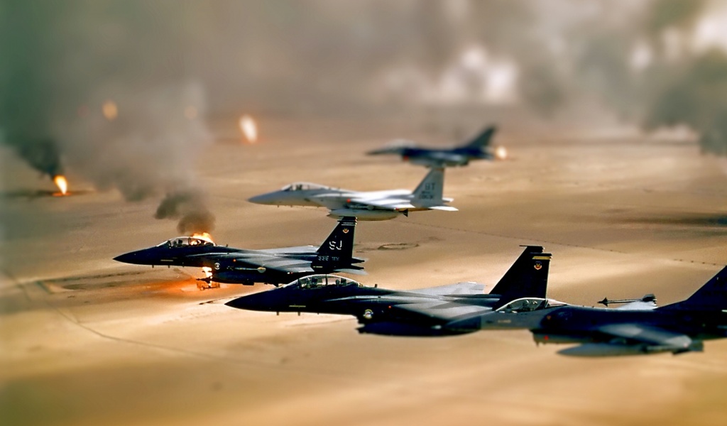 Oil Jet Fighter Desert Smoke Fields Iraq Tiltshift