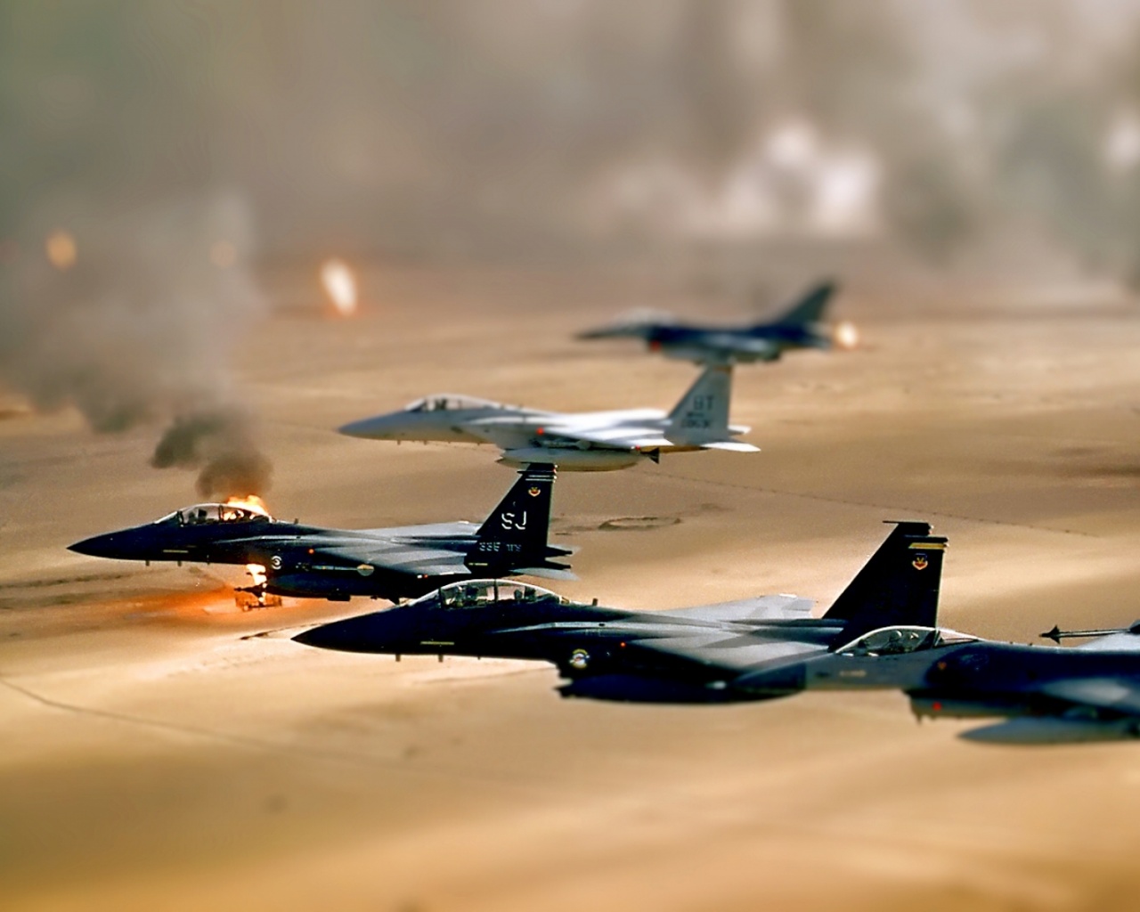 Oil Jet Fighter Desert Smoke Fields Iraq Tiltshift