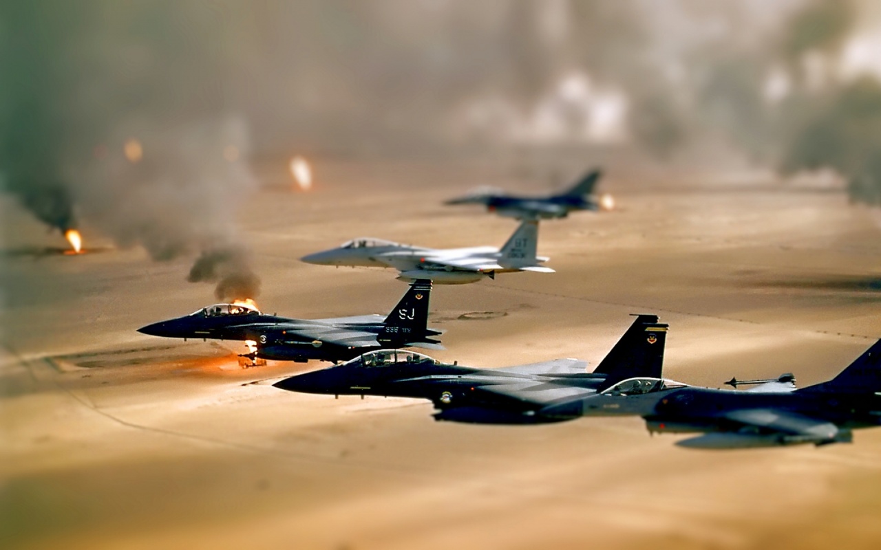 Oil Jet Fighter Desert Smoke Fields Iraq Tiltshift