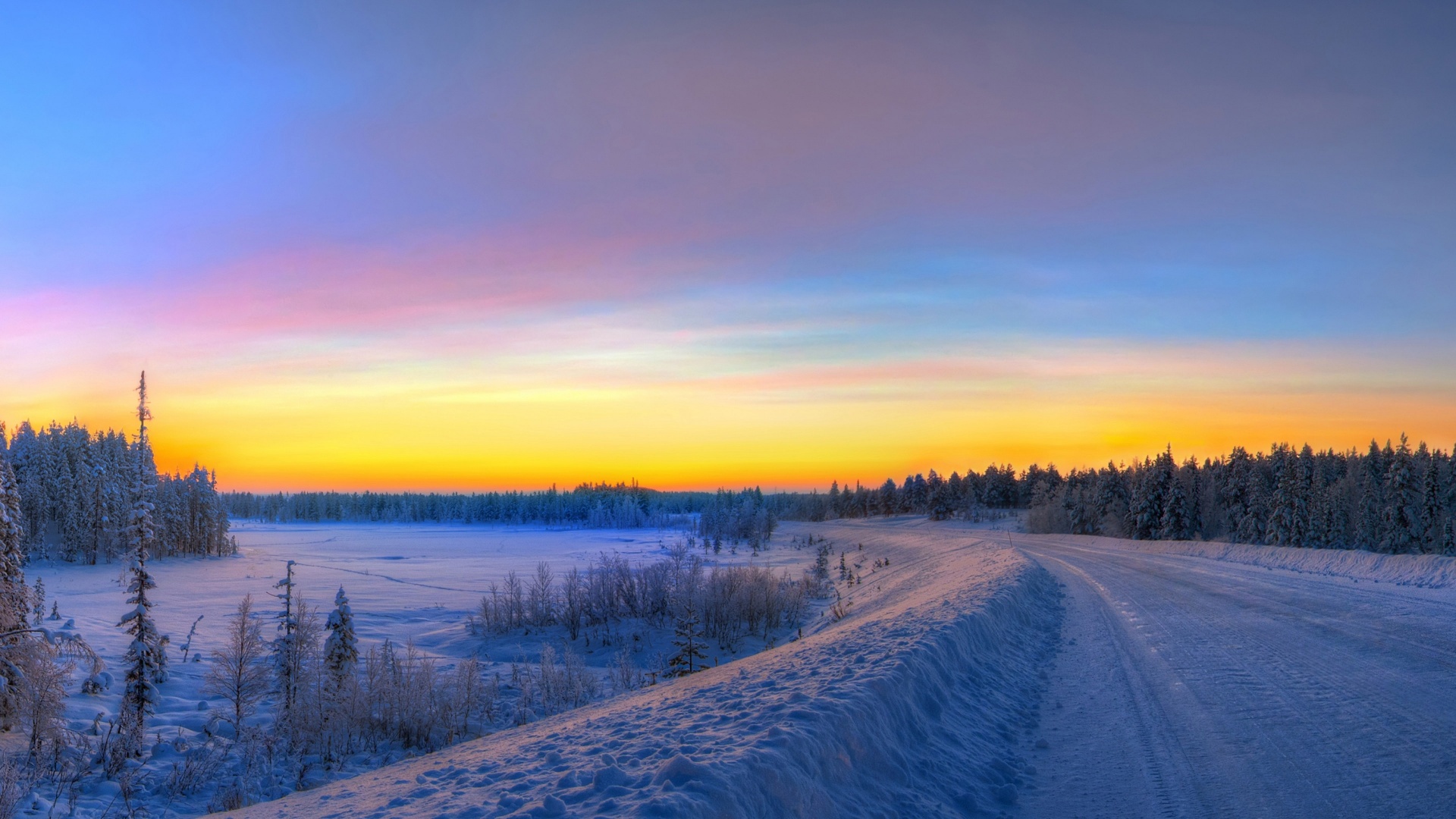 Panorama Sunset Road Winter Snow