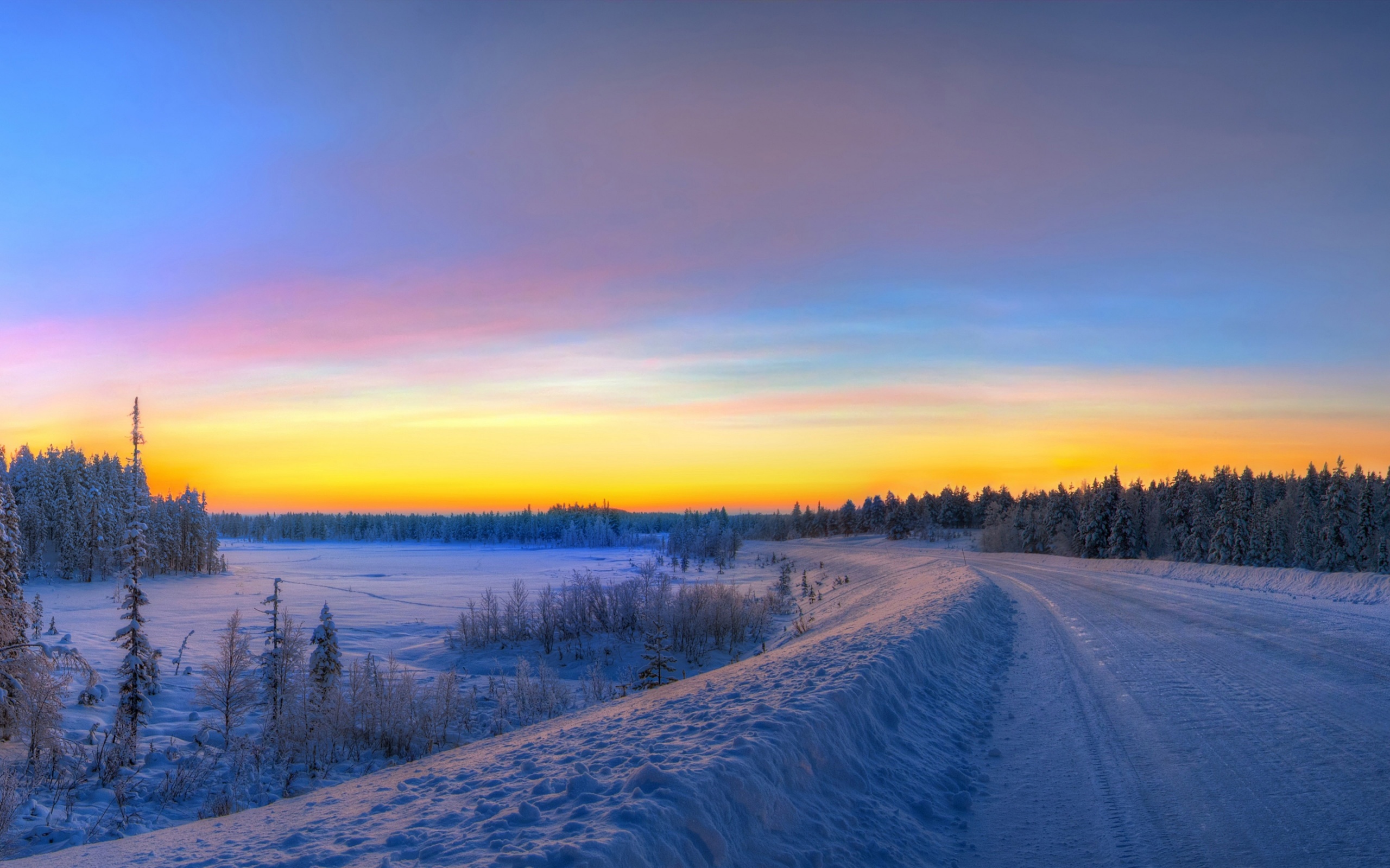 Panorama Sunset Road Winter Snow