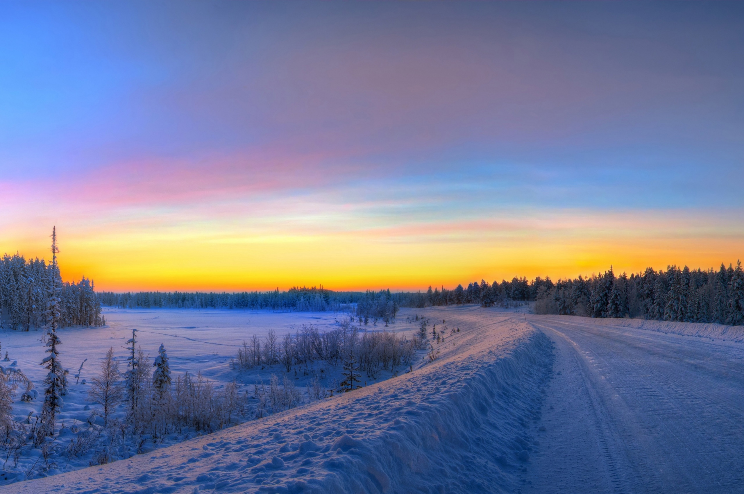 Panorama Sunset Road Winter Snow