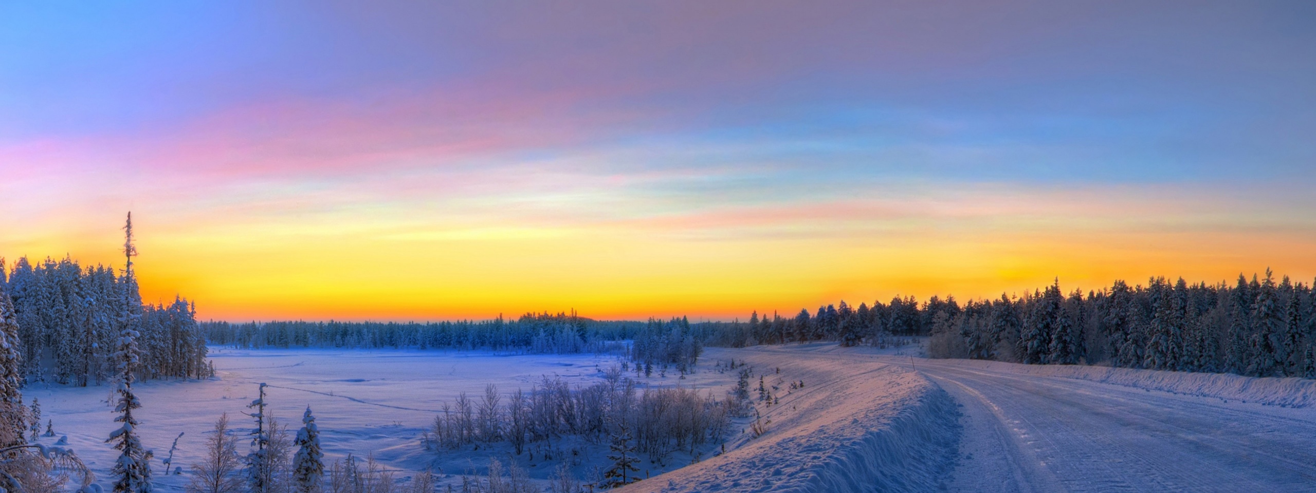 Panorama Sunset Road Winter Snow