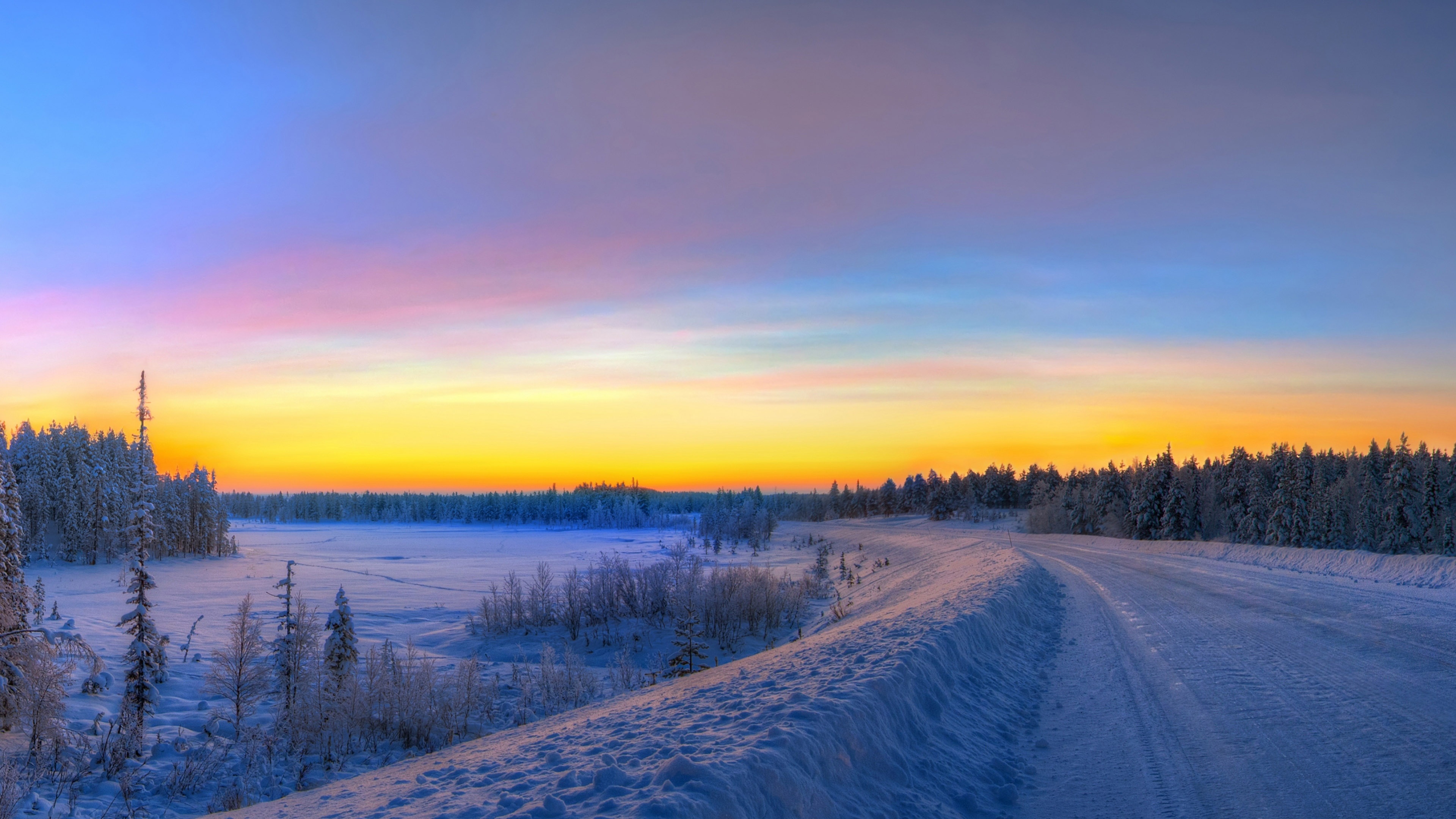 Panorama Sunset Road Winter Snow