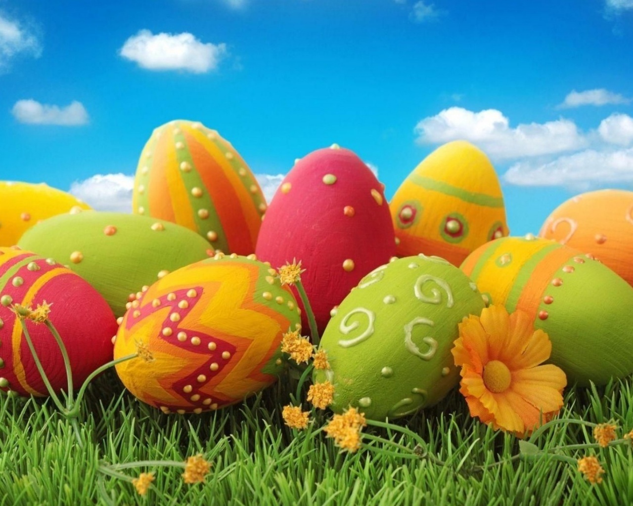 Pascha Eggs Painted Patterns Flowers Grass Sky Meadow