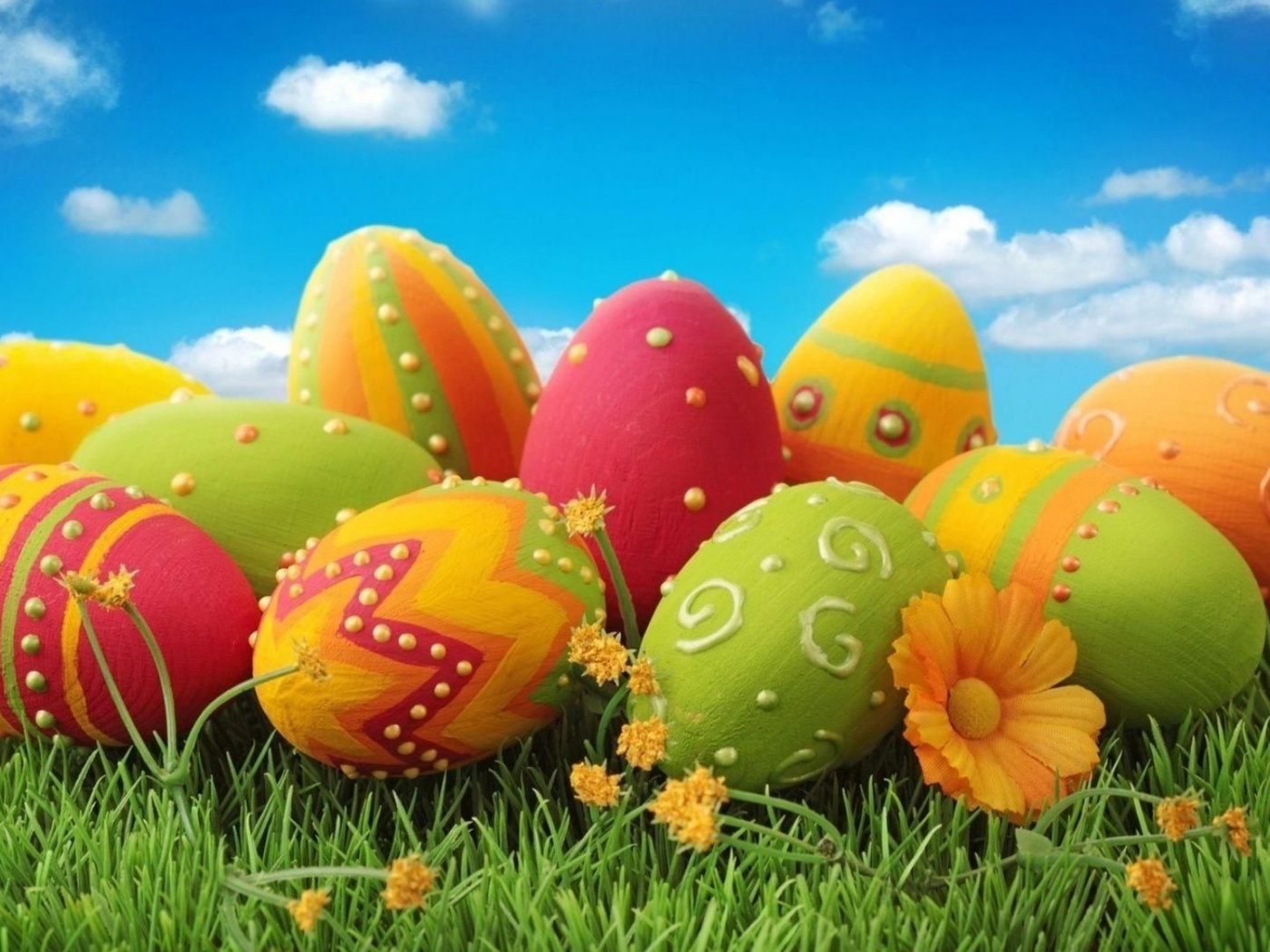 Pascha Eggs Painted Patterns Flowers Grass Sky Meadow