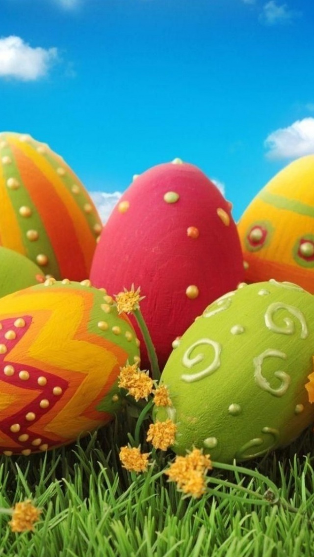 Pascha Eggs Painted Patterns Flowers Grass Sky Meadow