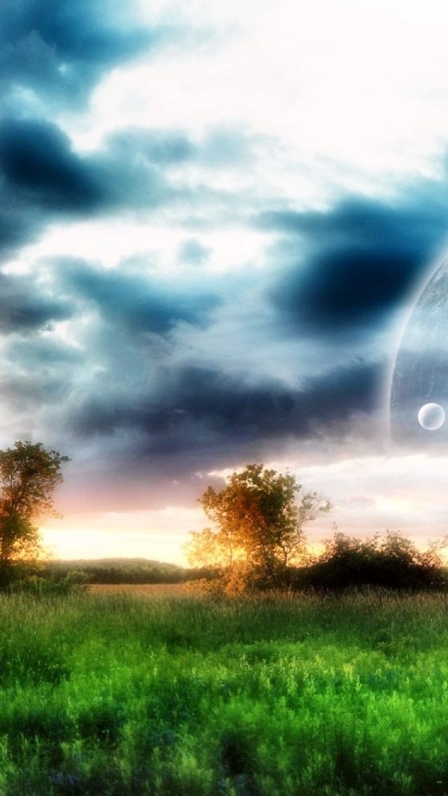 Planet Sky Trees Field Grass