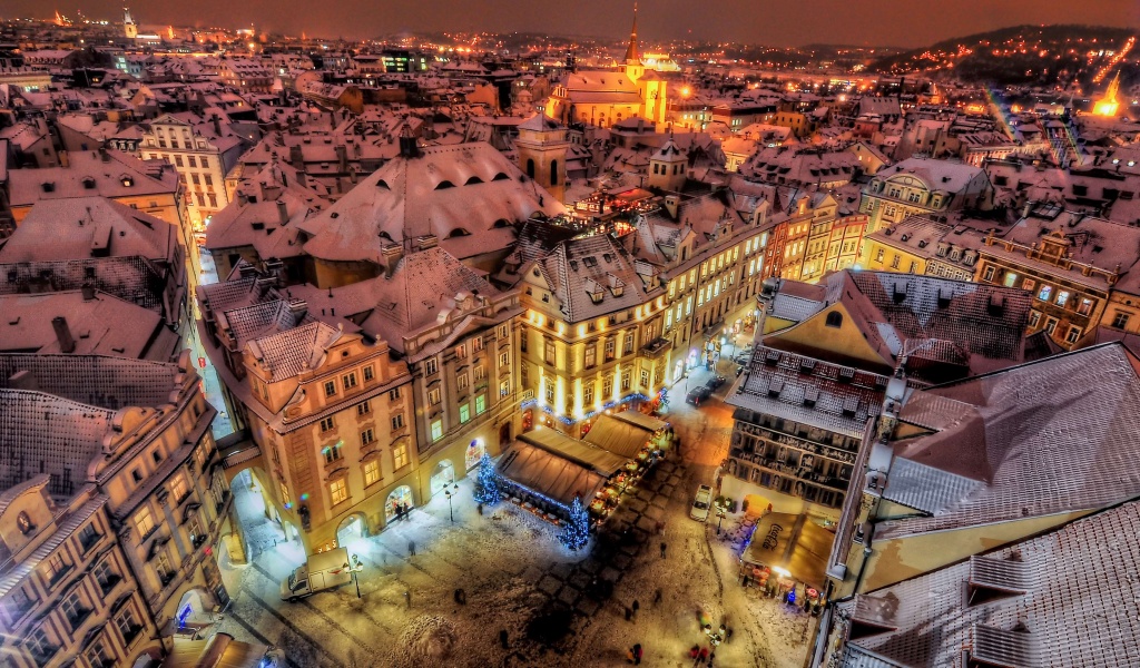 Prague By Night Covered With Snow