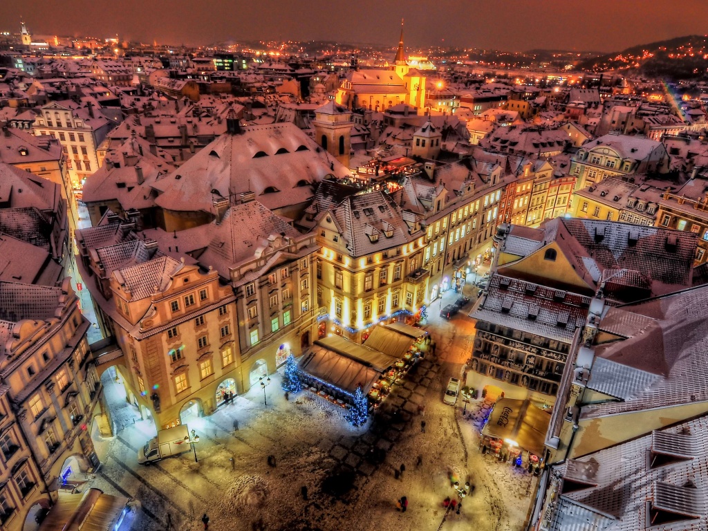 Prague By Night Covered With Snow