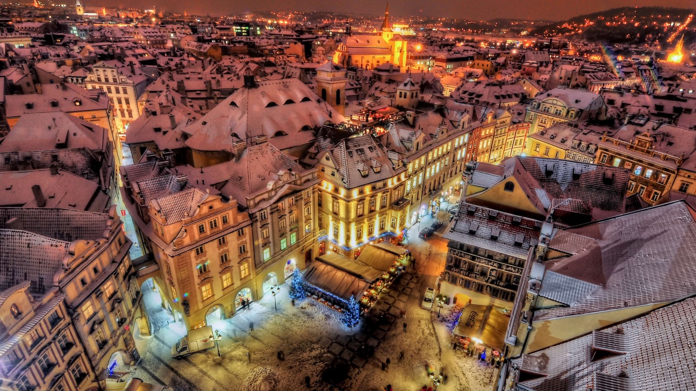 Prague By Night Covered With Snow