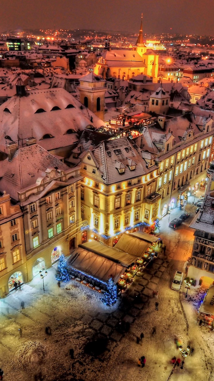 Prague By Night Covered With Snow