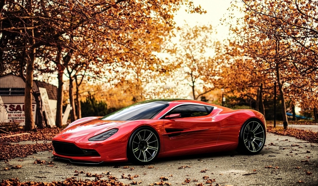 Red Car And Light Of Autumn Sunset