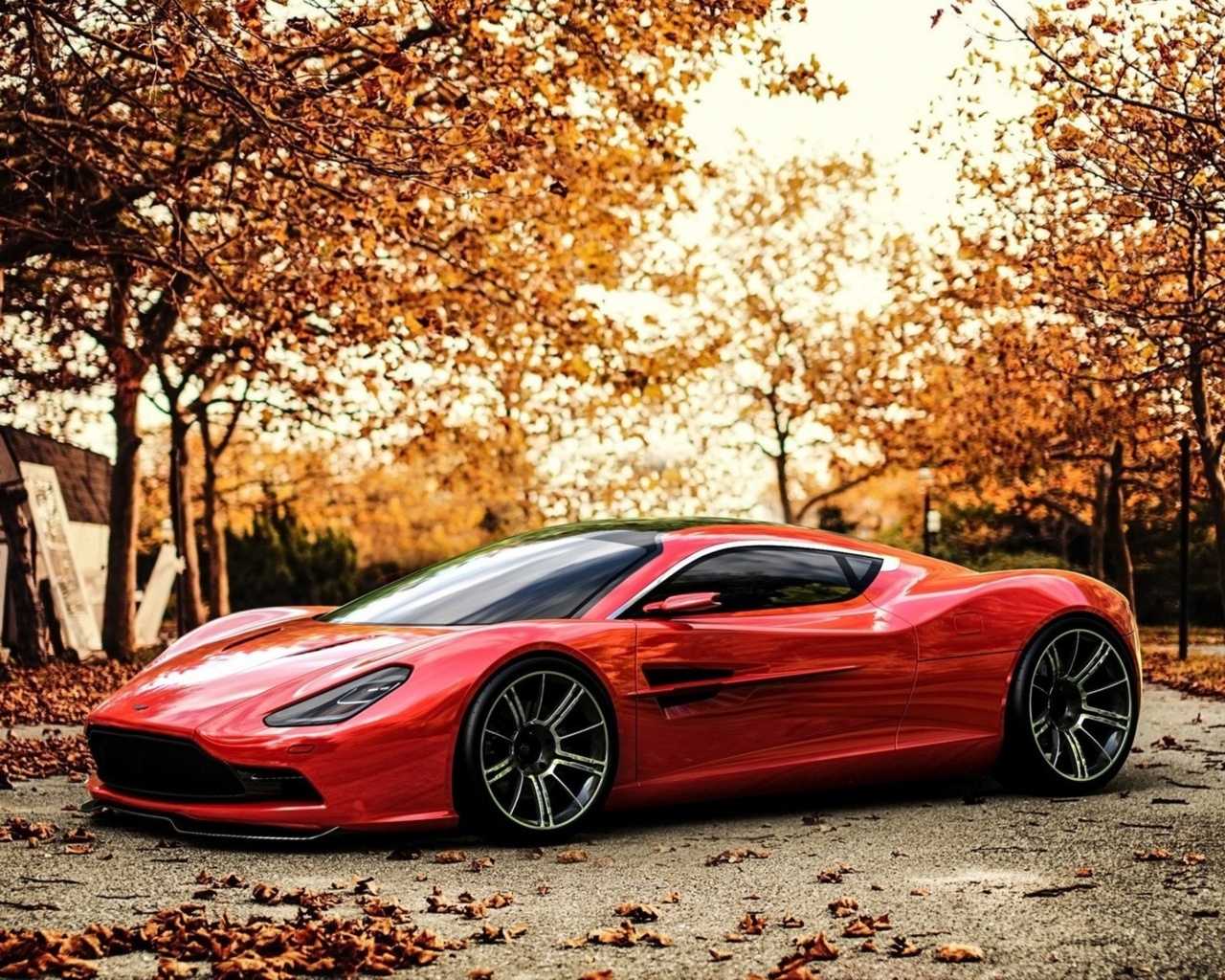 Red Car And Light Of Autumn Sunset