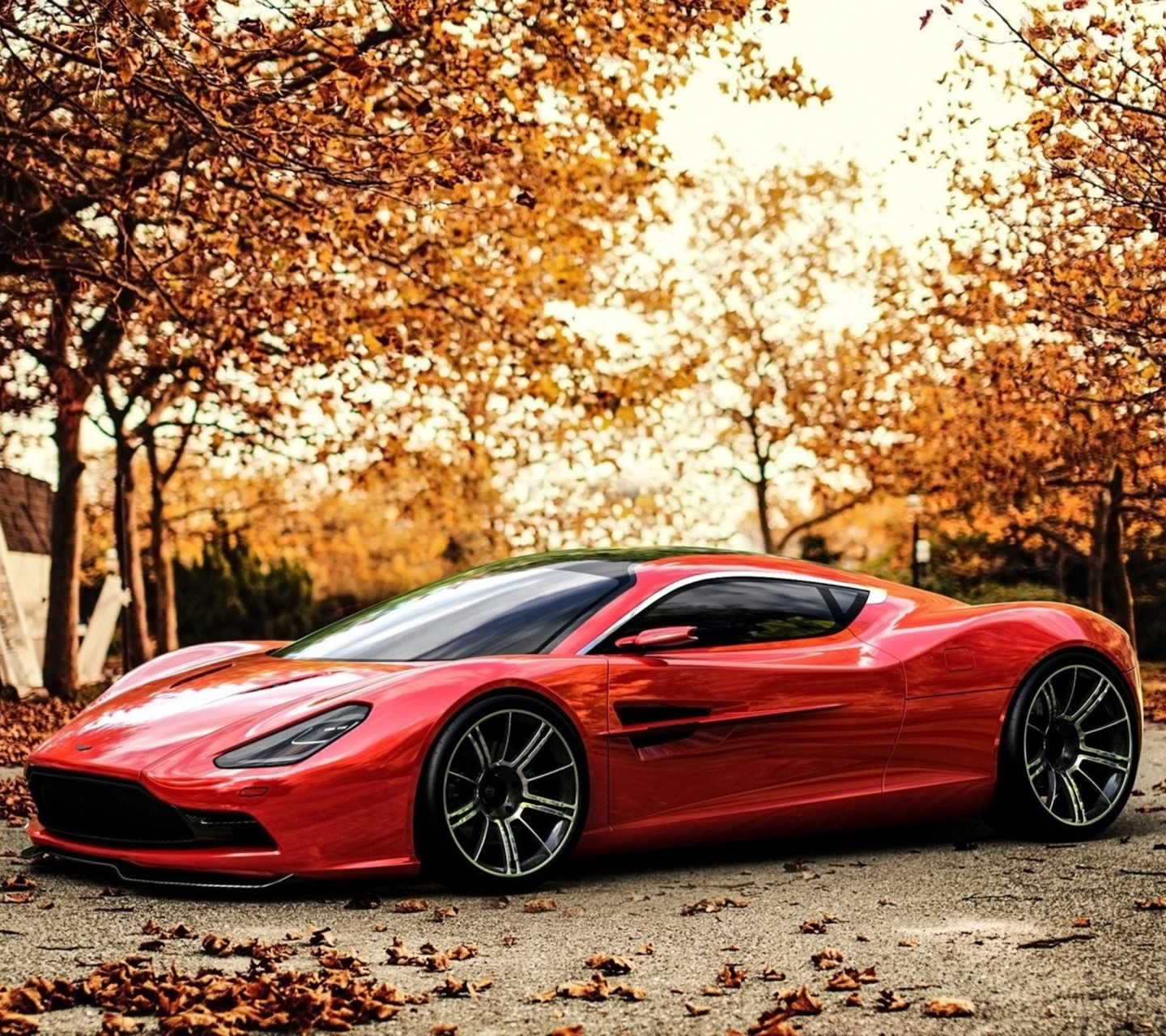 Red Car And Light Of Autumn Sunset