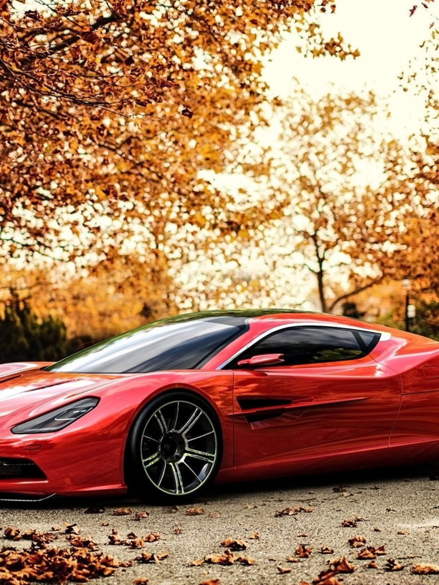 Red Car And Light Of Autumn Sunset