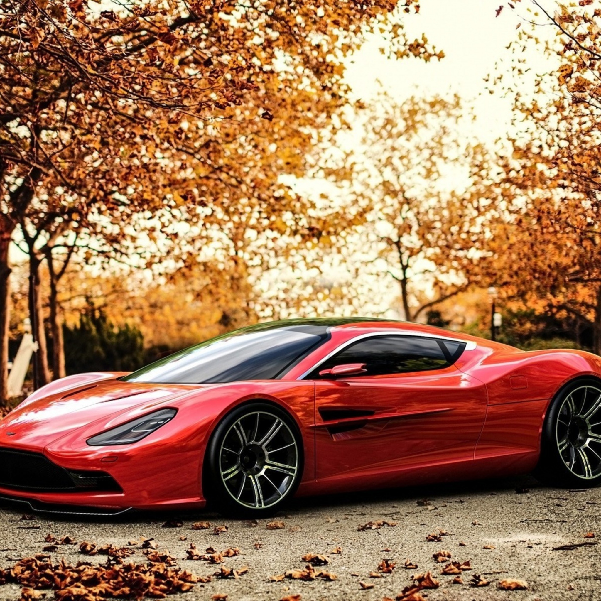 Red Car And Light Of Autumn Sunset