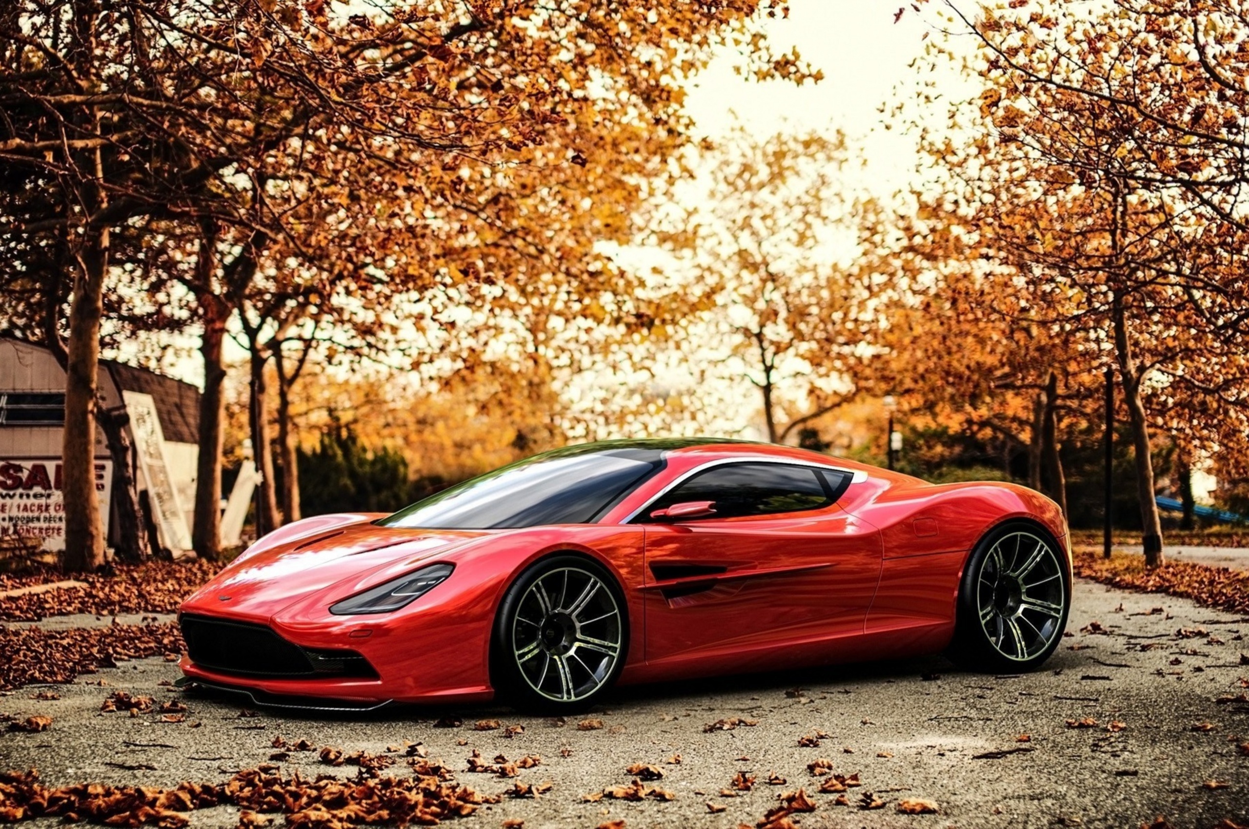 Red Car And Light Of Autumn Sunset