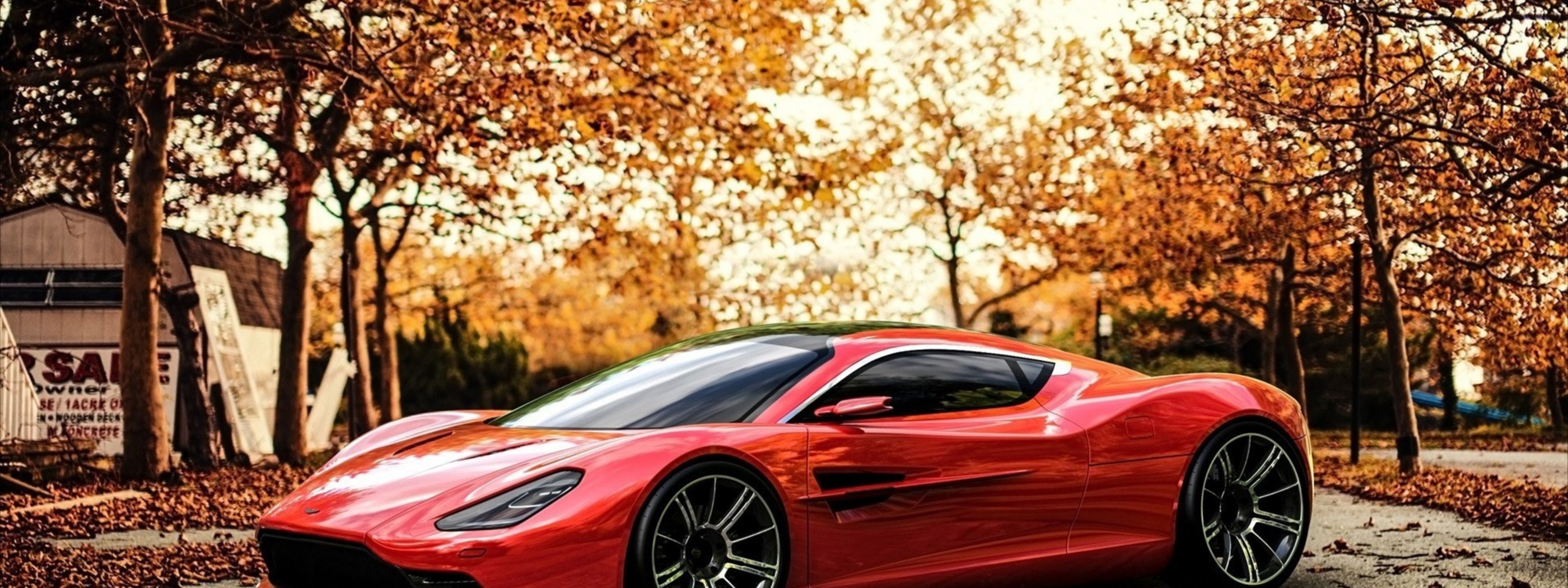 Red Car And Light Of Autumn Sunset