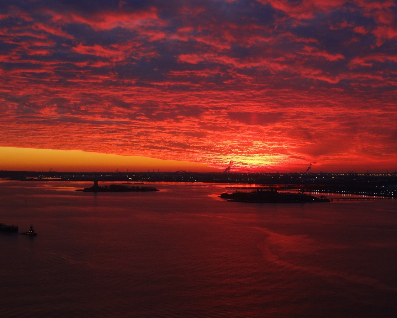 Red Sunset Over New York Harbor