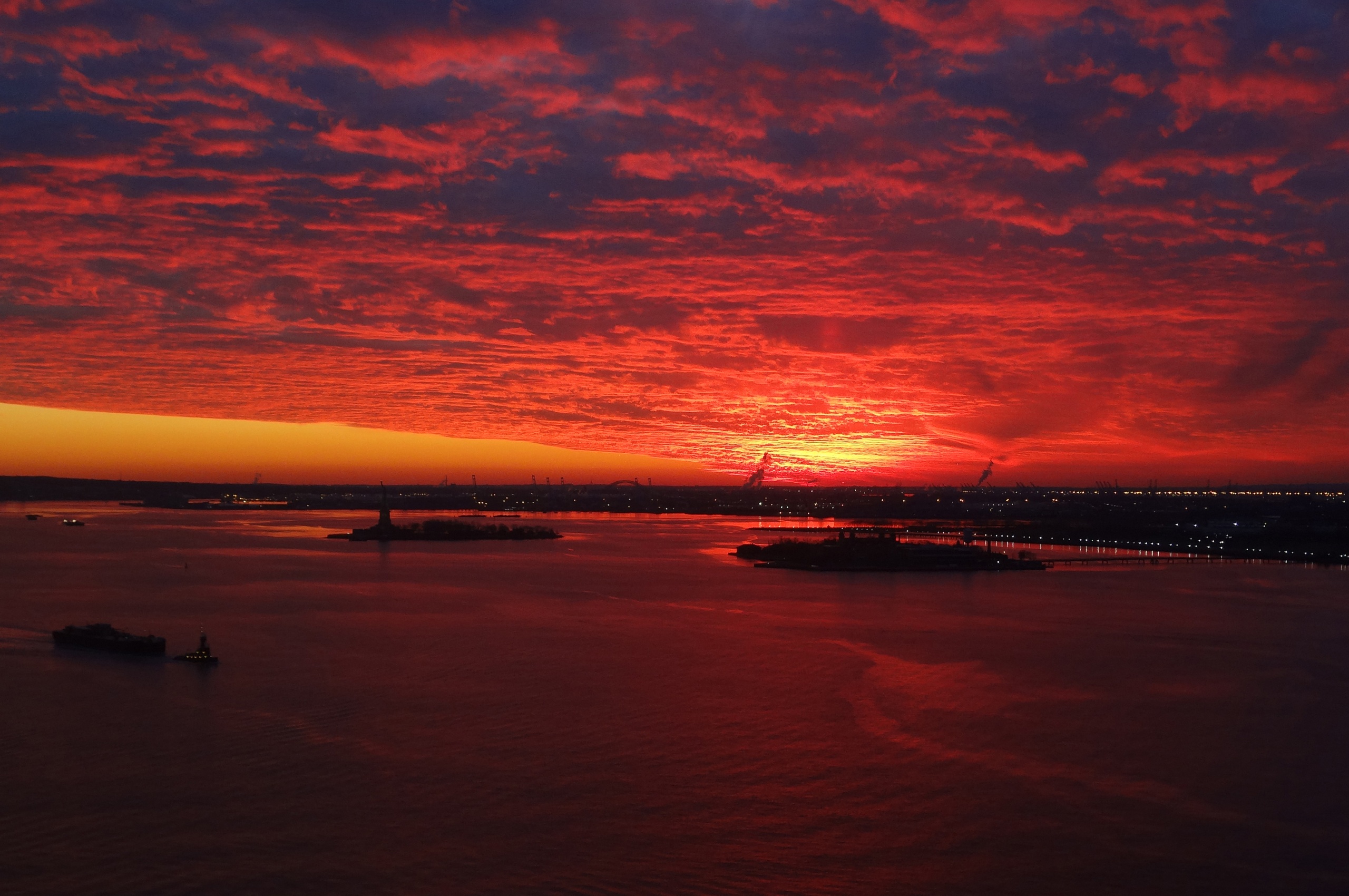 Red Sunset Over New York Harbor