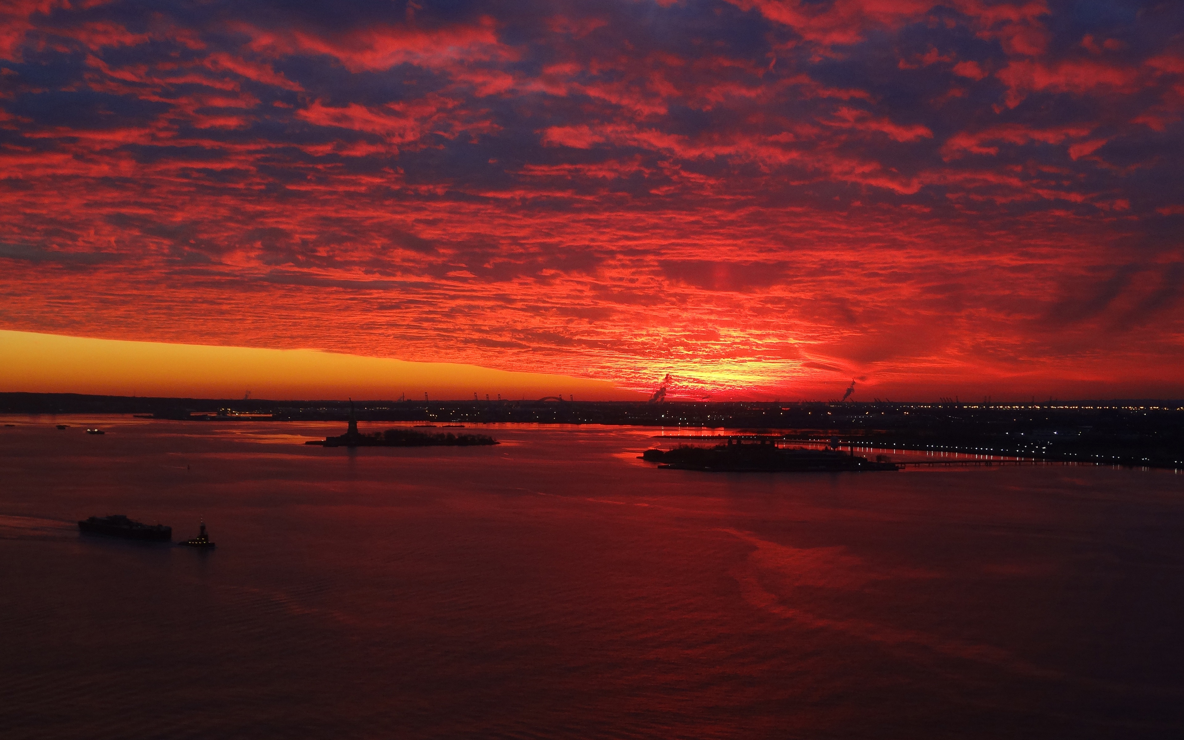 Red Sunset Over New York Harbor