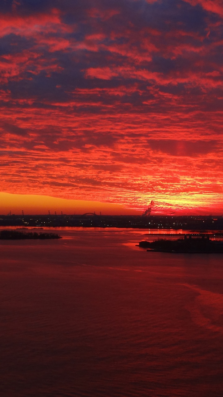 Red Sunset Over New York Harbor