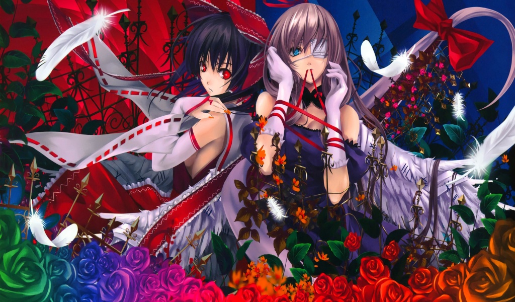 Reimu And Yukari Roses Feathers Anime