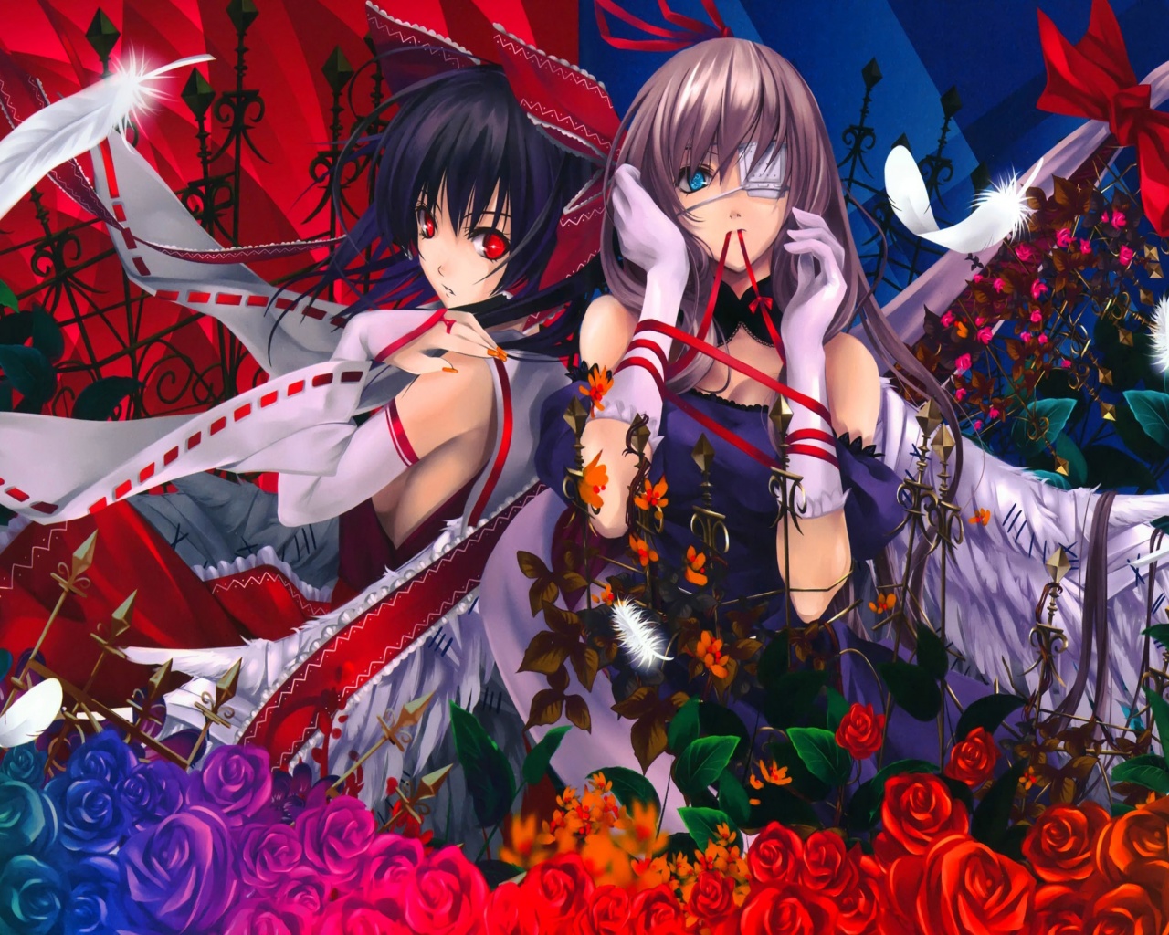 Reimu And Yukari Roses Feathers Anime