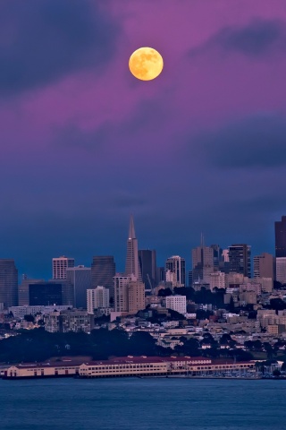 San Francisco Night Moon Sky Bay Building House City Landscape