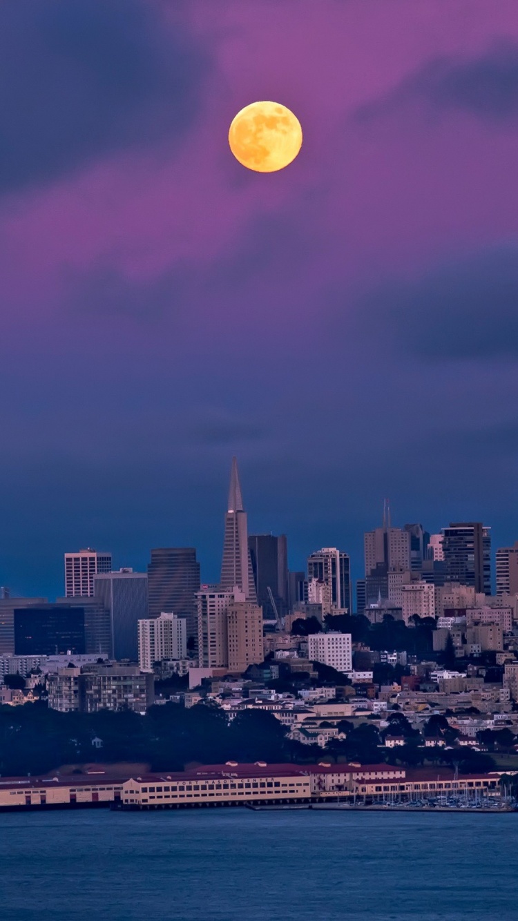 San Francisco Night Moon Sky Bay Building House City Landscape