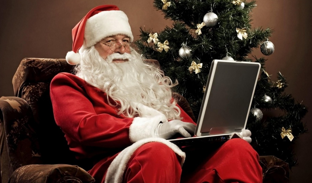 Santa Claus Sitting Look Christmas Tree Chair Laptop