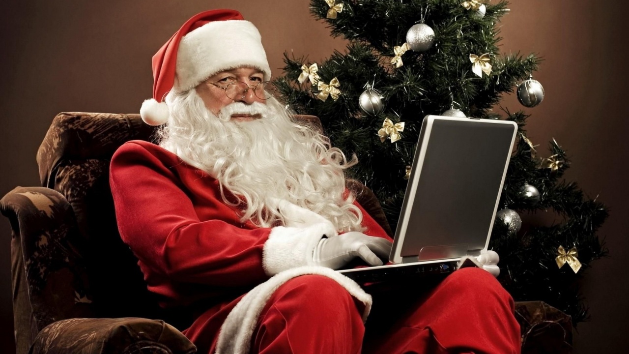 Santa Claus Sitting Look Christmas Tree Chair Laptop