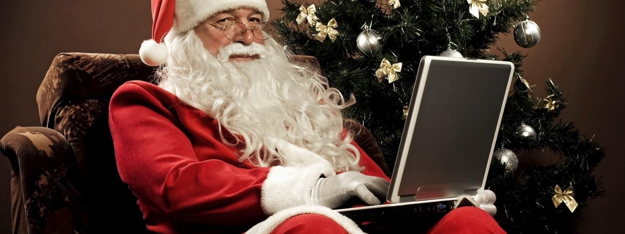 Santa Claus Sitting Look Christmas Tree Chair Laptop