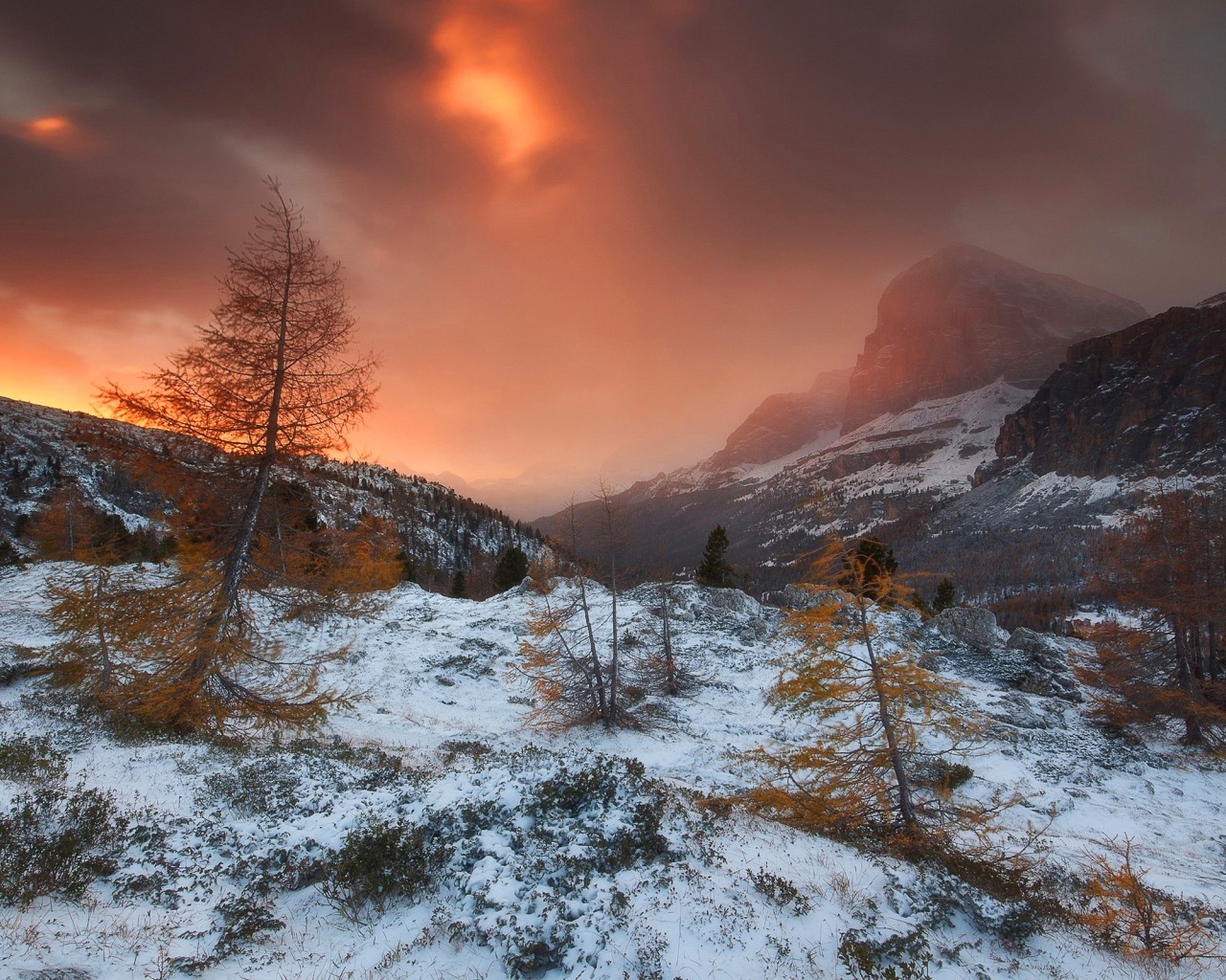 Scenery Mountain Snow Orange Sky