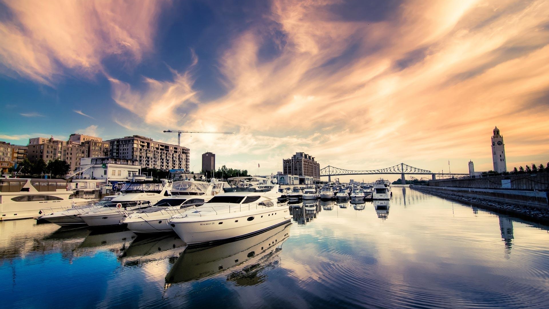 Seaport Parked Yacht Bridge Sunset Evening Screen Landscapes