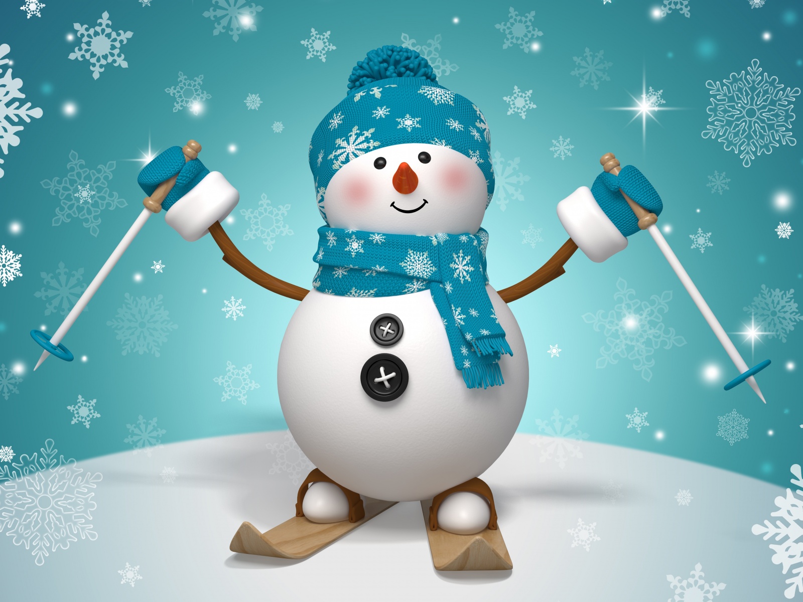 Snowman On Skis And With Winter Hat