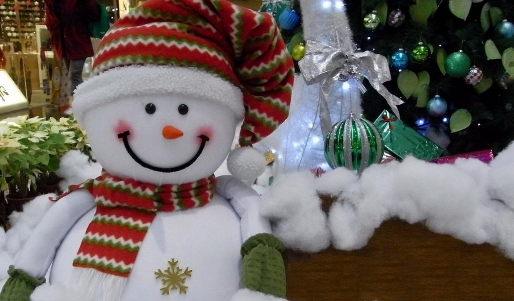 Snowman Smiling Cotton Tree Presents Christmas New Year Holiday